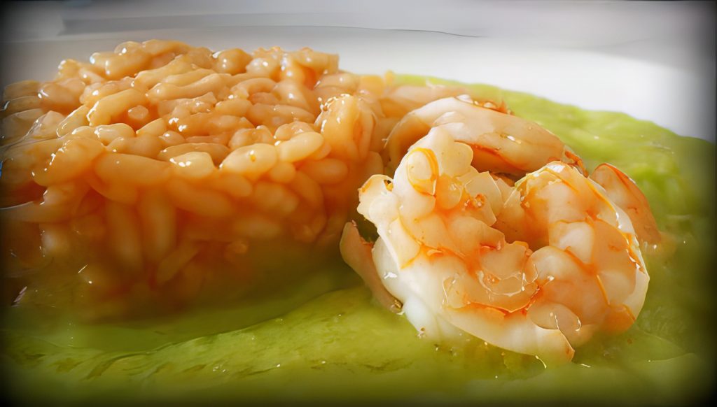 GAMBERI A VAPORE CON CREMA DI ZUCCHINE E RISO AL CARAPACE