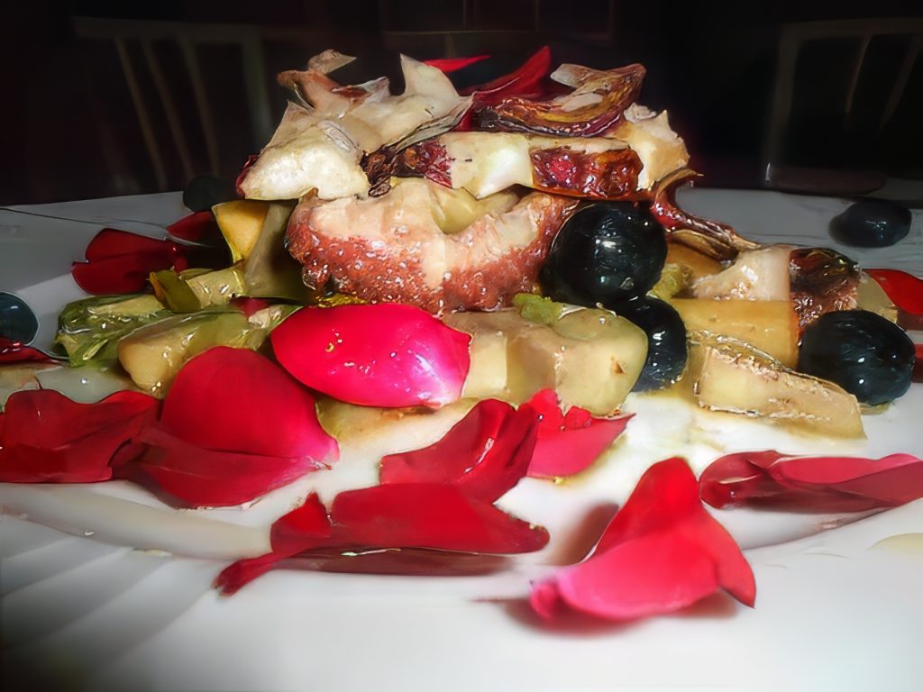 INSALATA DI POLPO,FRUTTA E ROSA SELVATICA
