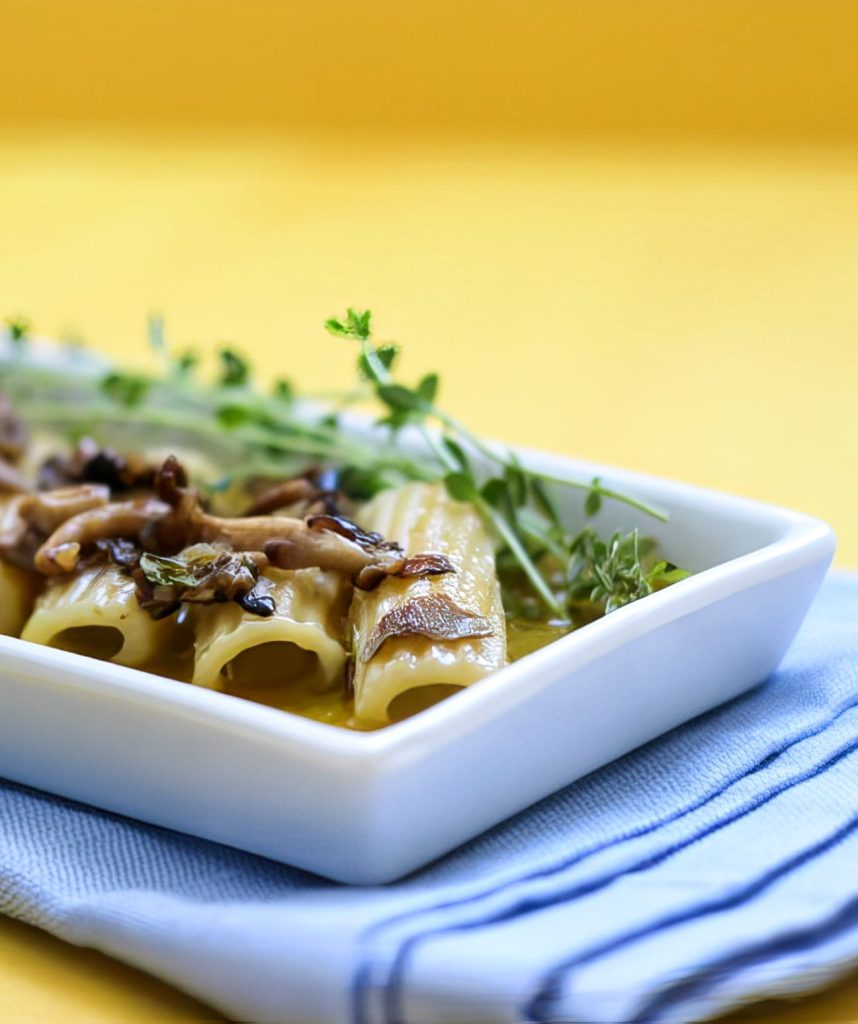 RIGATONI DI KAMUT CON FUNGHI CHIODINI E CREMA DI FIORI DI ZUCCA