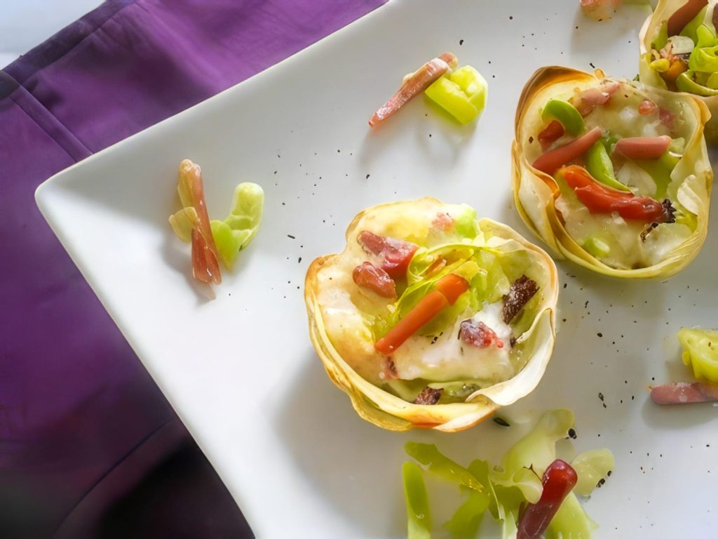 Cestini di Patata Dolce con Formaggi, Porro e Speck